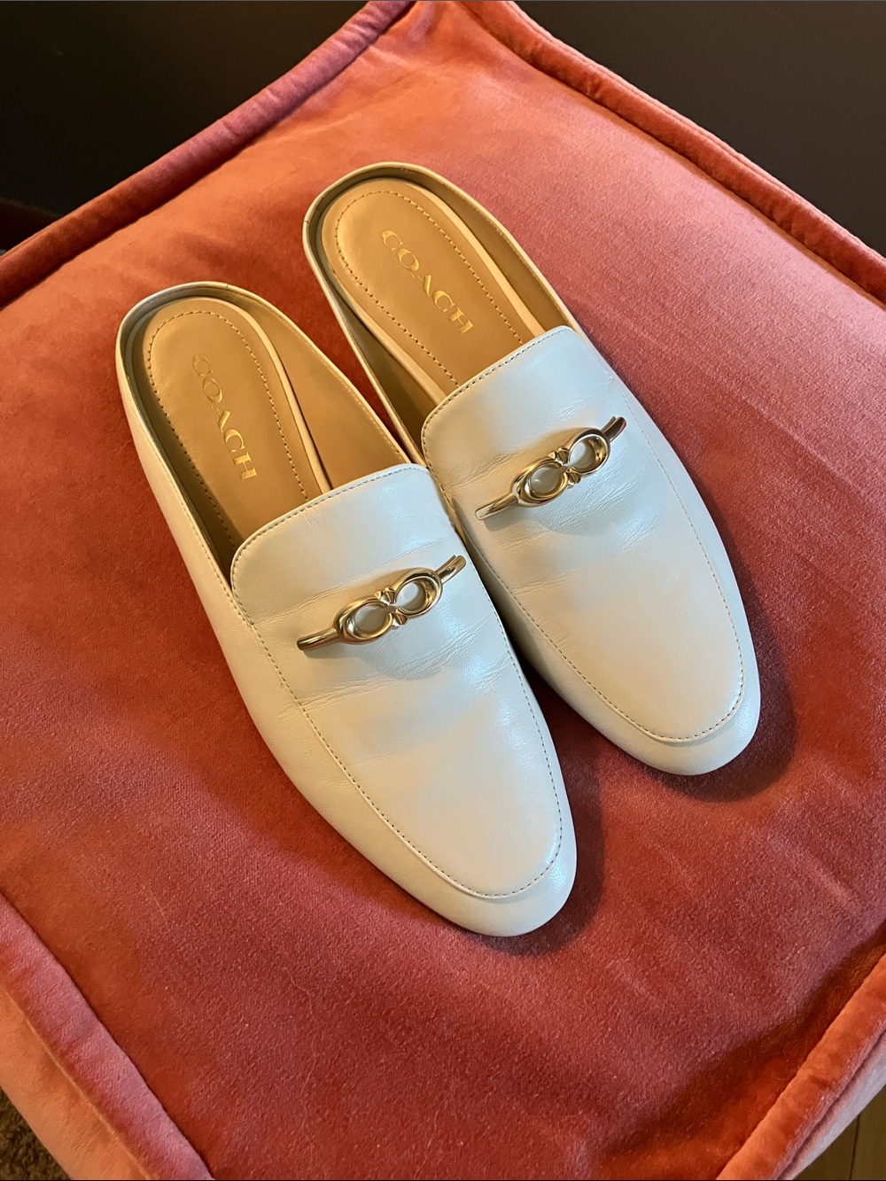 Coach Sienna Cream Leather Backless Mules with Gold Chain Detail